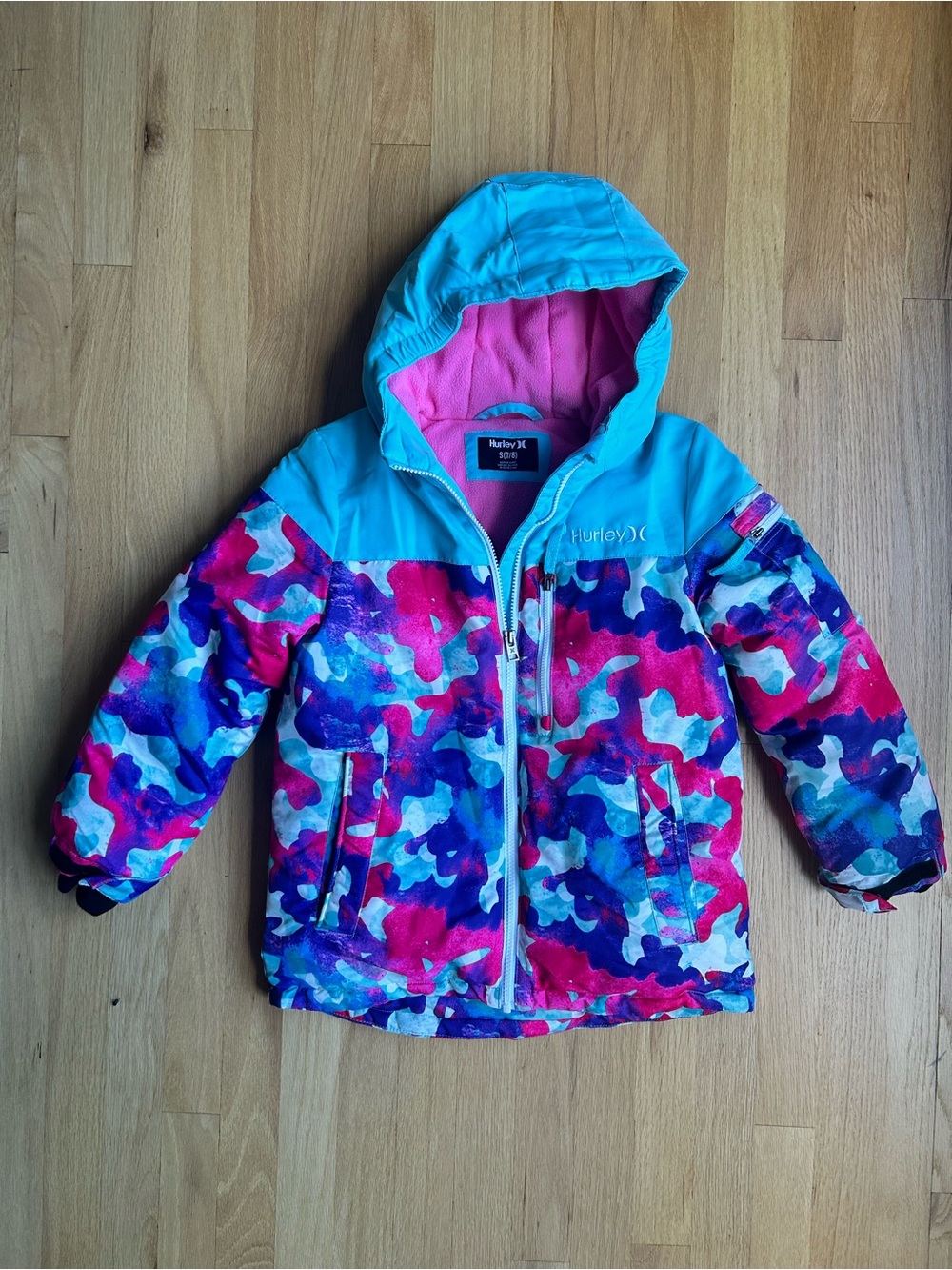 Hurley Girls Teal, Pink & Purple Colorblock Camo Puffer Jacket